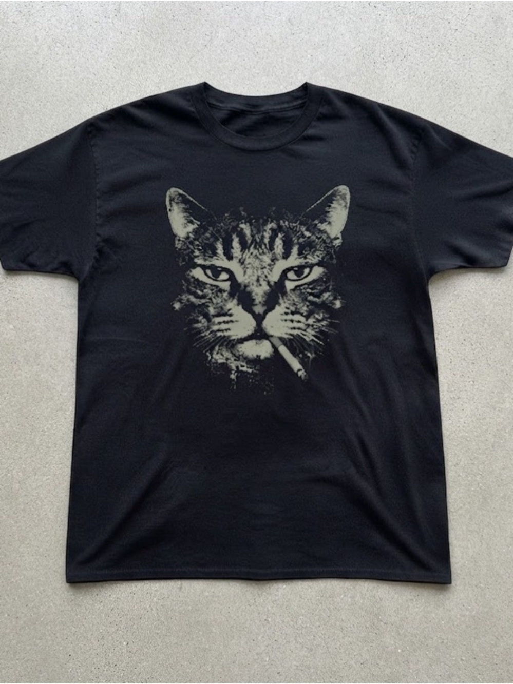 Smoking Cat Graphic Tee Black Cotton Gildan T-shirt